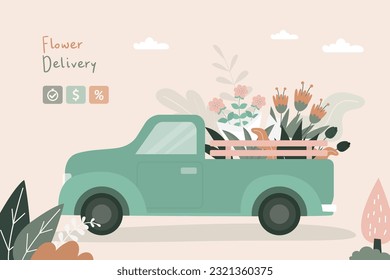 Flower delivery truck. Flowers shop mobile on wheels. Vintage pickup car with various bouquets of flowers. Floral automobile with plants in pots. flat design vector illustration