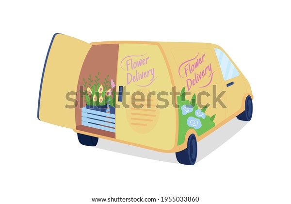 Flower delivery van with open trunk flat color
vector object. Vehicle for shipping. Bouquets in automobile for
courier service isolated cartoon illustration for web graphic
design and animation
