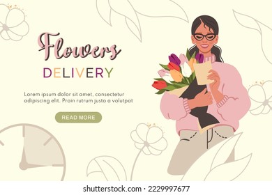 Flower delivery.Happy girl receives flower parcel, reads wishes. Young woman holding bouquet of tulips. Flowers delivery. Love, birthday, romantic concept. Vector illustration
