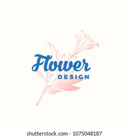 Flower Design Abstract Vector Sign, Symbol or Logo Template. Hand Drawn Retro Lilly Illustration with Gentle Typography. Premium Quality Feminine Emblem for Boutiques, SPA, Salons, etc. Isolated.