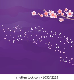Flower design. Flower background. Branch of Sakura and petals flying isolated on Purple Violet background. Apple-tree flowers. Cherry blossom. Vector EPS 10, cmyk