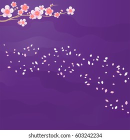 Flower design. Flower background. Branch of Sakura and petals flying isolated on Purple Violet background. Apple-tree flowers. Cherry blossom. Vector EPS 10, cmyk