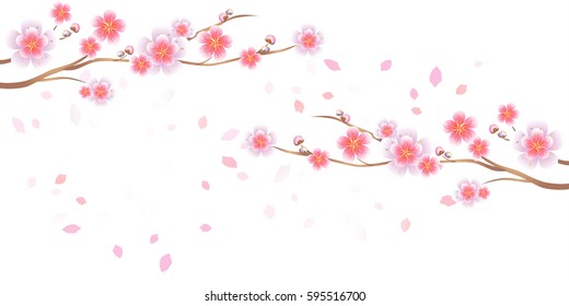 Flower Design. Flower Background. Branches Of Sakura And Petals Flying Isolated On White Background. Apple-tree Flowers. Cherry Blossom. Vector EPS 10, Cmyk.