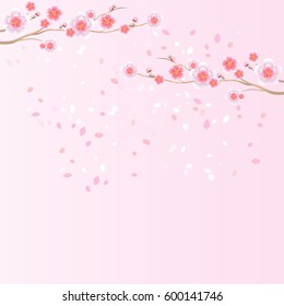 Flower design. Flower background. Branches of Sakura and petals flying isolated on light pink background. Apple-tree flowers. Cherry blossom. Vector EPS 10 cmyk