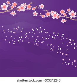 Flower design. Flower background. Branches of Sakura and petals flying isolated on Purple Violet background. Apple-tree flowers. Cherry blossom. Vector EPS 10, cmyk