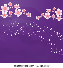 Flower design. Flower background. Branches of Sakura and petals flying isolated on Purple Violet background. Apple-tree flowers. Cherry blossom. Vector EPS 10, cmyk