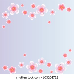 Flower design. Flower background. Flying Pink flowers isolated on light Purple Violet gradient background. Apple-tree flowers. Cherry blossom. Vector EPS 10, cmyk.