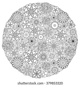 Flower design for coloring book for grown up. An adult coloring book floral drawing for stress relief, relaxation, meditation and creativity. Inky black and white ethnic, retro, doodle, tribal design.