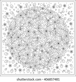 Flower design for coloring book for grown up. An adult coloring book floral drawing for stress relief, relaxation, meditation and creativity. Inky black and white ethnic, retro, doodle, tribal design.