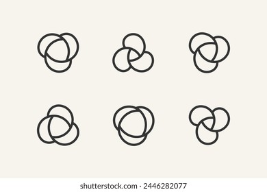 Flower design element with spiral. Set of 6 geometric shape with swirl element. Modern linear design emblem of bloom.