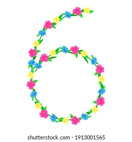 Flower design number 6. Typographic botany style for invitations, cards. Love day style, spring flowers, 8th march, women's day, tenderness flowers. Numbers by flowers.