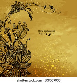 Diseño de flores en un fondo dorado. Flores dibujadas a mano. Ornamento floral decorativo. Ilustración vectorial.