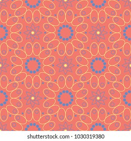 Flower design seamless pattern. Bright yellow and blue flower elements on salmon red background for wallpapers and textile