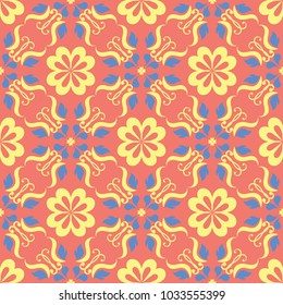 Flower design seamless pattern. Bright yellow and blue flower elements on salmon red background for wallpapers and textile