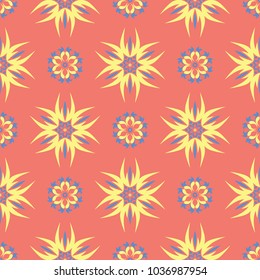 Flower design seamless pattern. Bright yellow and blue flower elements on salmon red background for wallpapers and textile