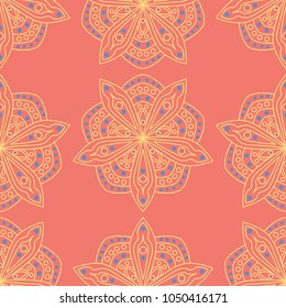 Flower design seamless pattern. Bright yellow and blue flower elements on salmon red background for wallpapers and textile