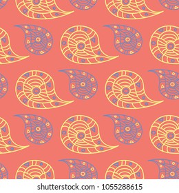Flower design seamless pattern. Bright yellow and blue flower elements on salmon red background for wallpapers and fabrics