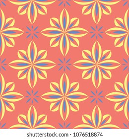 Flower design seamless pattern. Bright yellow and blue flower elements on salmon red background for wallpapers and textile