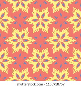 Flower design seamless pattern. Bright yellow and blue flower elements on salmon red background for wallpapers and textile
