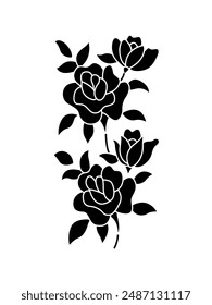 Flower design sketch stencil. Vector black silhouettes of rose flowers isolated on a white background. Hand drawn illustration converted to vector.