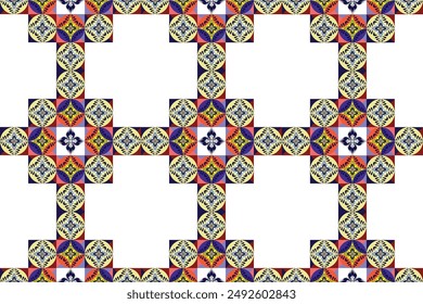 Los diseños de flores en marcos cuadrados coloridos se utilizan en Fondo de pantalla de tela o ropa. Encuentra un patrón sin fisuras, étnico.