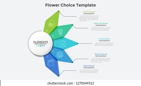 Flower diagram with five colorful translucent petals. Modern infographic design template. Concept of 5 features of startup project. Creative vector illustration for business presentation, report.