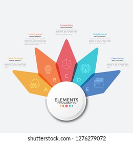 Flower diagram with five colorful translucent petals. Modern infographic design template. Concept of 5 features of startup project. Creative vector illustration for business presentation, report.