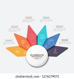 Flower diagram with five colorful translucent petals. Modern infographic design template. Concept of 6 features of startup project. Creative vector illustration for business presentation, report.