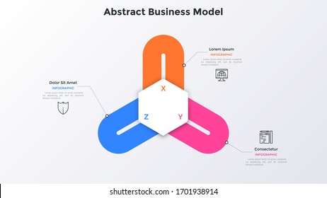 Flower diagram with three loop-like petal elements. Concept of abstract business model with 3 stages. Modern infographic design template. Simple vector illustration for business information analysis.