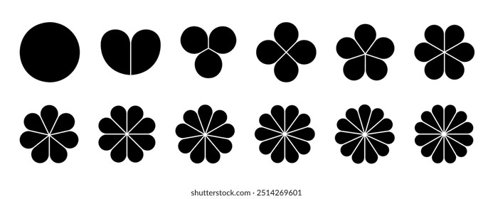 Diagramas de flores com pétalas Gráfico floral dividido em partes iguais de 1 a 12 em formas de folhas isoladas em fundo branco. Layouts para apresentação de dados corporativos. Ilustração gráfica vetorial