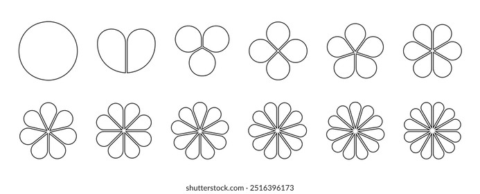 Flower diagrams with petals. Floral pie chart divided on equal sectors from 1 to 12 in leaf shapes isolated on white background. Business data presentation templates. Vector outline illustration.