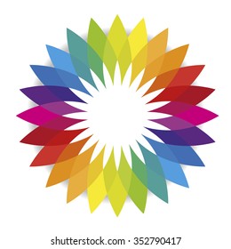 Flower of different colors with overlapping, transparent petals on white background