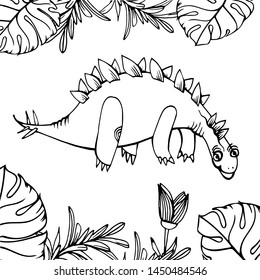 Flower and dinosaur in the grass, hand drawing, coloring book for kids on white background