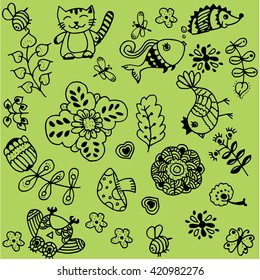 Flower doodle art of vector with green backgrounds