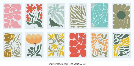 Conjunto de Vector de arte de fondo de doodle de flores. Botánico y hojas de forma abstracta doodle diseño de arte para impresión, Fondo de pantalla, Clipart, arte de la pared para la decoración del hogar.