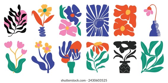 Flower doodle background vector set. Floral and leaves abstract shape doodle art design for print, wallpaper, clipart, wall art for home decoration.