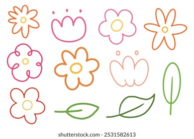 Dibujo de dibujos animados de doodle de flores dibujado a mano con línea colorida para elemento e ilustración