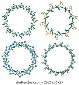 Flower doodle circle frame set. Spring floral circular frame. Hand drawn botanical isolated vector illustration.