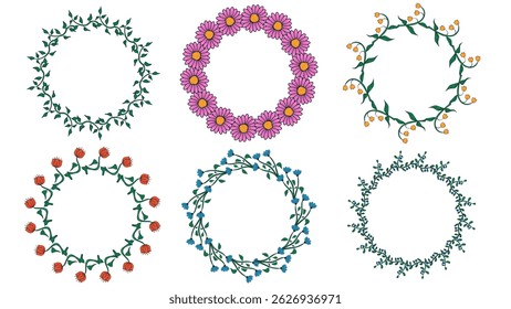 Flower doodle circle frame set. Spring floral circular frame. Hand drawn botanical isolated vector illustration.