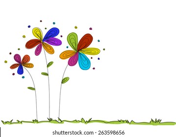 flower doodle color with grass background and white space vector