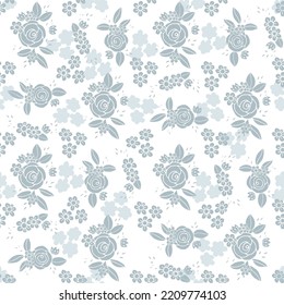 Flower doodle design seamless pattern for textile, scrabooking or wallpapers. Rose vintage floral pattern in blue pastel colors 