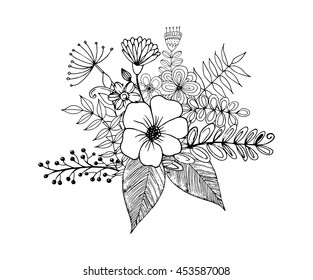 Flower doodle drawing freehand vector, Coloring page with doodle flowers vector