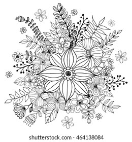 Flower doodle drawing freehand vector, Coloring page with doodle flowers vector, bouquet, Zentangle Style.