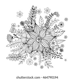 Flower doodle drawing freehand vector, Coloring page with doodle flowers vector, bouquet, Zentangle Style.