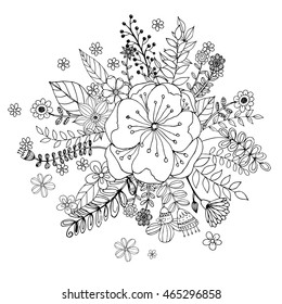 Flower doodle drawing freehand vector, Coloring page with doodle flowers vector, bouquet, Zentangle Style.