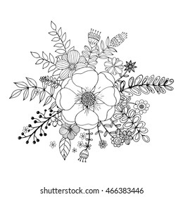 Flower doodle drawing freehand vector, Coloring page with doodle flowers vector, bouquet, Zentangle Style.