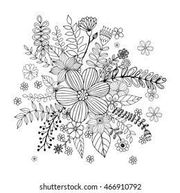 Flower doodle drawing freehand vector, Coloring page with doodle flowers vector, bouquet, Zentangle Style.