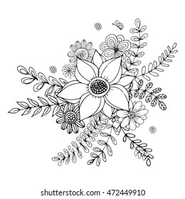 Flower doodle drawing freehand vector, Coloring page with doodle flowers vector, Vector Illustration, Zen tangle floral, tattoo, t-shirt or prints, Vector spring illustration,