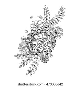 Flower doodle drawing freehand vector, Coloring page with doodle flowers vector, Vector Illustration, Zen tangle floral, tattoo, t-shirt or prints, Vector spring illustration,