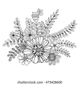 Flower doodle drawing freehand vector, Coloring page with doodle flowers vector, Vector Illustration, Zen tangle floral, tattoo, t-shirt or prints, Vector spring illustration,